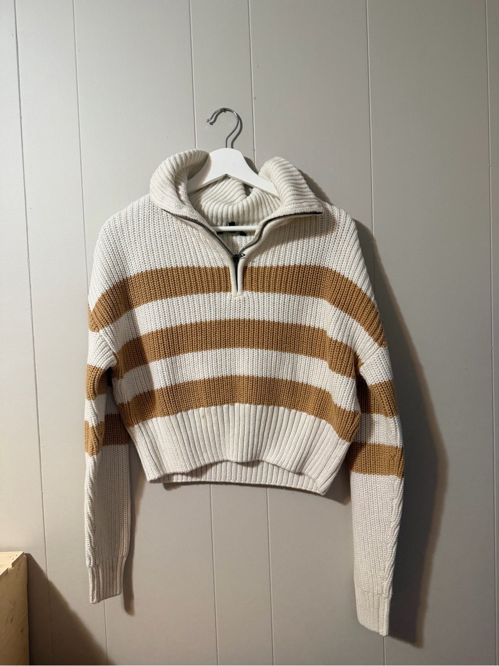 George Cream and Tan Striped Half-Zip Turtleneck Sweater